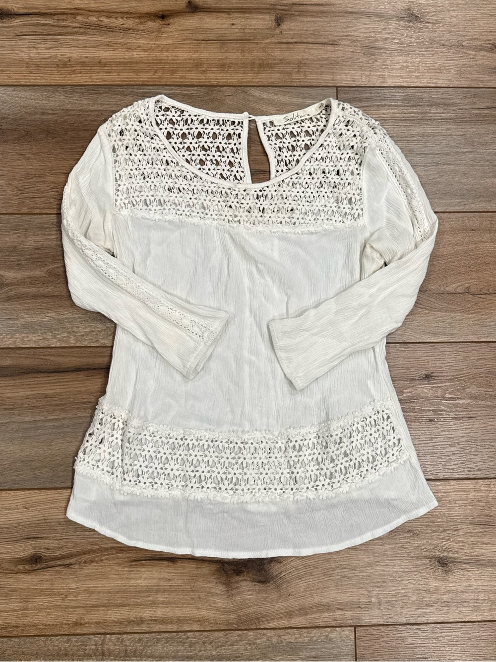 SOLITAIRE Fairycore Flowy Boho White Crochet Lace Top | Size Small